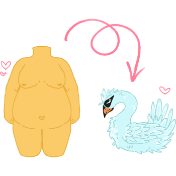on the left is a yellow coloured plus-size body, on the right is a blueish-white swan, there is a curly pink arrow pointing from the body to the swan, and hearts around them both in the same colour.